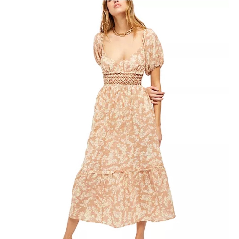 Free People Blush Peach Floral Puff-Sleeve Maxi Dress
